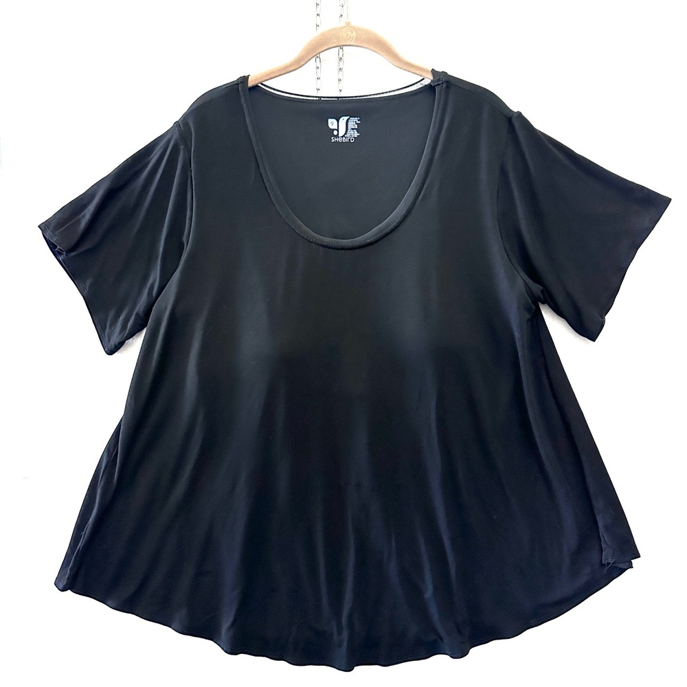 Shebird Sz 9 3X Flawless Short Sleeve Tee Black Built-in Bra Scoop Neck Modal